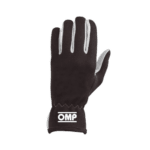 Black racing glove with white accents and OMP logo, designed for motorsport safety and performance.