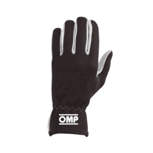 Black racing glove with white accents and OMP logo, designed for motorsport safety and performance.