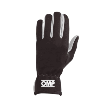 Black racing glove with white accents and OMP logo, designed for motorsport safety and performance.