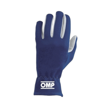 Blue racing glove by Grand Prix Racewear with OMP logo, designed for motorsport safety and performance.