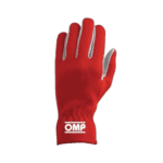 Red OMP racing glove with white accents, designed for motorsport safety and performance, displayed against a black background.