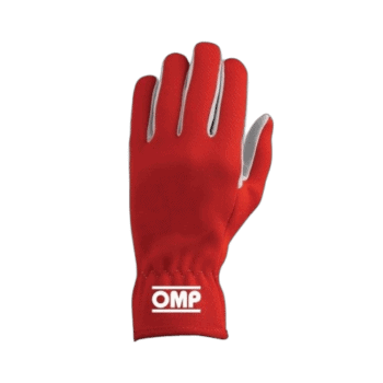 Red OMP racing glove with white accents, designed for motorsport safety and performance, featuring durable materials and ergonomic fit.