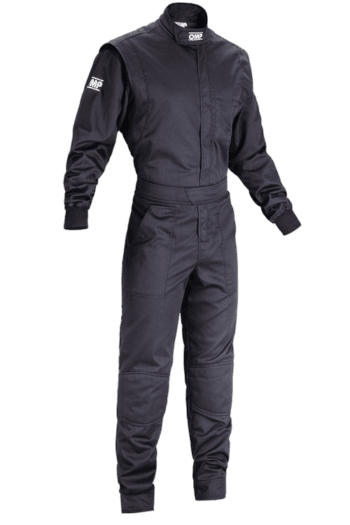 Black Grand Prix Racewear racing suit with logo details, designed for motorsport safety and performance.
