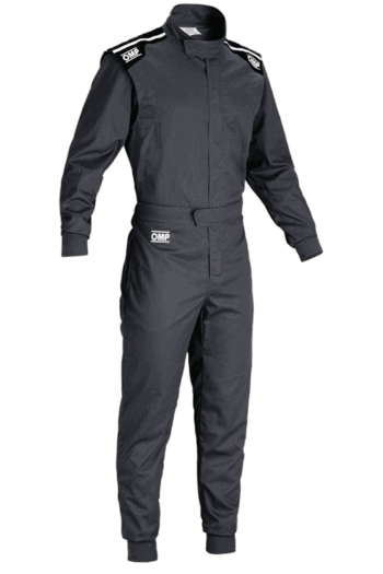 Grand Prix Racewear racing suit in black with OMP branding, designed for motorsport safety and performance.
