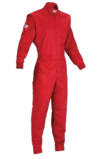 Red Grand Prix Racewear racing suit with OMP logo, designed for motorsport safety and performance.