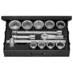 Set of 6-point drive sockets from 41 to 80 mm with ratchet and extension bars in a black case for professional automotive use.