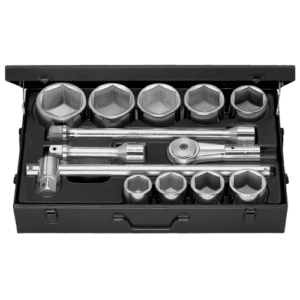 Set of 6-point drive sockets from 41 to 80 mm with ratchet and extension bars in a black case for professional automotive use.