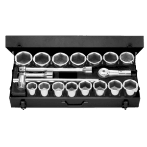 Set of 1 drive 6-point sockets ranging from 42 to 82 mm in a black storage case, ideal for professional automotive and mechanical work.