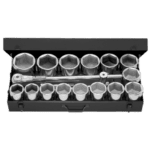 Facom set of 1 drive 6-point sockets ranging from 58 to 100 mm in a black storage case, ideal for professional automotive and mechanical work.