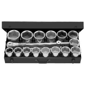 Facom set of 1 drive 6-point sockets ranging from 58 to 100 mm in a black storage case, ideal for professional automotive and mechanical work.