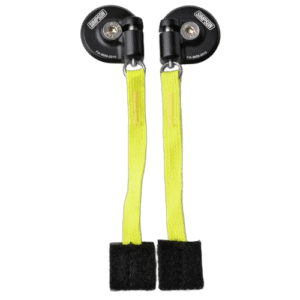 High-quality racing safety harness lanyards with black hooks and bright yellow straps for motorsport safety gear.