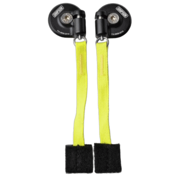 High-quality racing safety harness lanyards with black hooks and bright yellow straps for motorsport safety gear.