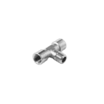 Metal T-shaped pipe fitting with three threaded ends for automotive or racing applications.