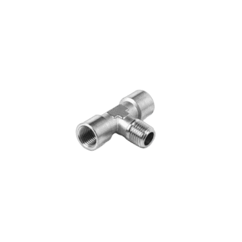 Metal T-shaped pipe fitting with three threaded ends for automotive or racing applications.