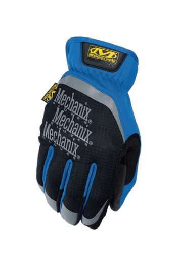 Mechanix Wear racing glove in blue, black, and grey with yellow logo, designed for motorsport safety and performance.