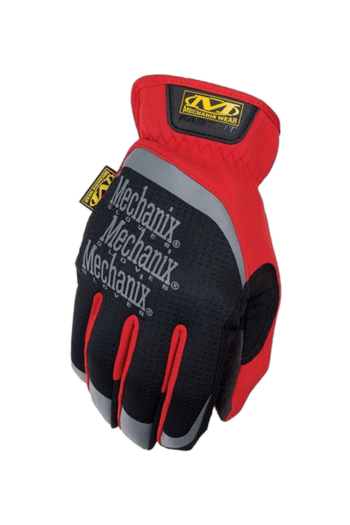 Mechanix Wear racing glove in red, black, and grey with yellow logo, designed for motorsport safety and grip.