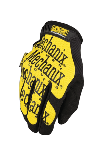 Yellow and black Mechanix gloves designed for motorsport racing, featuring durable materials and branding for Grand Prix Racewear.