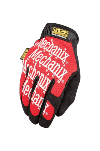 Red and black Mechanix racing glove with white branding for Grand Prix Racewear, designed for motorsport safety and grip.