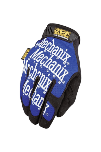 Blue and black Mechanix racing gloves with branding, designed for motorsport safety and grip.