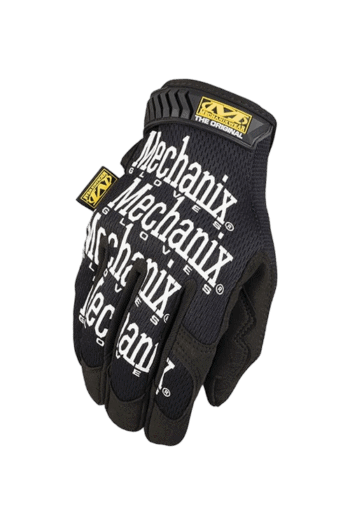 Close-up of Mechanix gloves with black and yellow branding, designed for motorsport racing and high-performance use.
