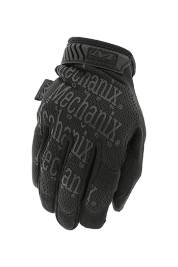 Black Mechanix racing glove with textured grip and adjustable wrist strap, designed for motorsport safety and performance.