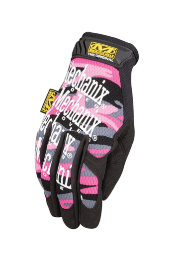 Pink, black, and grey mechanic's glove with branding from Techman and OX, designed for racing and motorsport activities.
