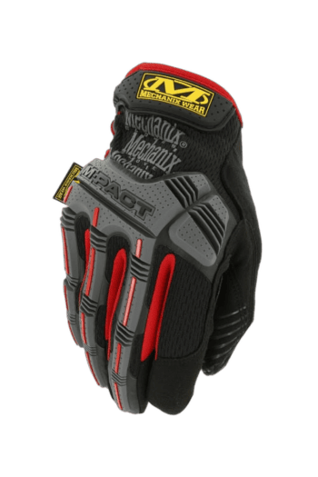 Close-up of a Mechanix Wear motocross glove with black, red, and yellow design, featuring impact protection and flexible grip for racing.