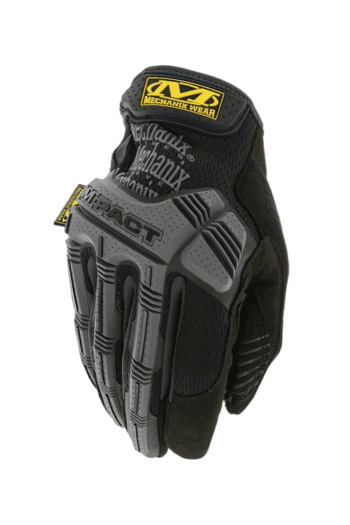 Close-up of a black and grey Impact racing glove with yellow accents, designed for motorsport safety and performance.