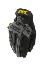 Close-up of a black and grey Impact racing glove with yellow DVS Mechanix Wear logo, designed for motorsport safety and grip.