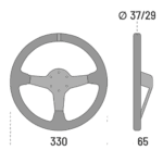 Detailed technical drawing of a racing steering wheel with dimensions for Grand Prix Racewear.