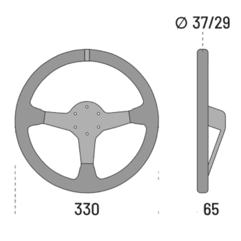 Detailed technical drawing of a racing steering wheel with dimensions for Grand Prix Racewear.