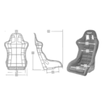 Technical diagram of a Grand Prix racing seat showing dimensions and ergonomic features for safety and comfort.