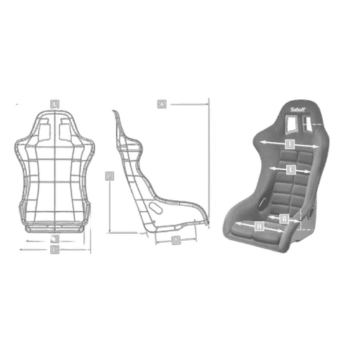 Technical diagram of a Grand Prix racing seat showing dimensions and ergonomic features for safety and comfort.