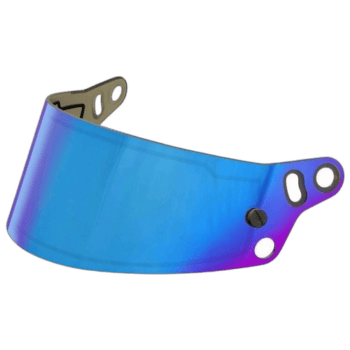 Grand Prix Racewear racing helmet visor in blue with reflective coating for motor racing safety.