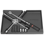 Grand Prix Racewear torque wrench set with sockets and accessories in a foam case for precise wheel nut tightening.