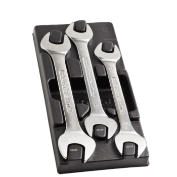 Set of three Facom open end wrenches in large size module MOD.44-2 with black and silver finish, displayed in a black plastic case.