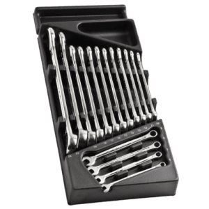Set of Facom combination wrenches in a thermoformed and foam tray, featuring various sizes for professional use.