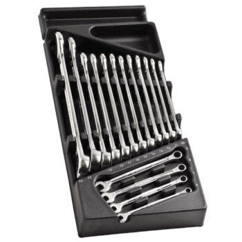 Set of Facom combination wrenches in a thermoformed and foam tray, featuring various sizes for professional use.