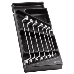 Set of Facom 7 offset-ring wrenches in a black storage case, ideal for professional automotive and mechanical work.