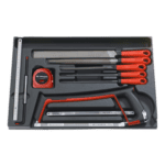Facom saw, tape measure, and files module MOD.601 for professional tool use, featuring a saw, tape measure, and files in a black and red case.