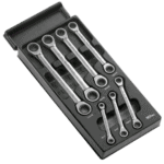 Set of Facom metric straight ratchet ring wrenches in heat formed tray for automotive and mechanical use.