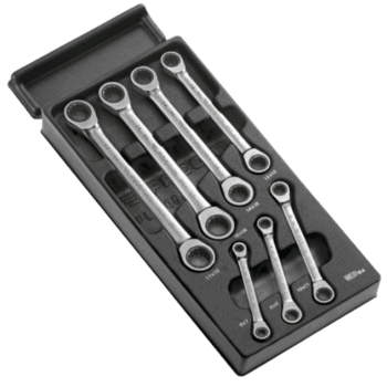 Set of Facom metric straight ratchet ring wrenches in heat formed tray for automotive and mechanical use.