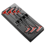Set of 7 Facom spherical head hexagon keys with red handles in a black plastic case for versatile fastening tasks.