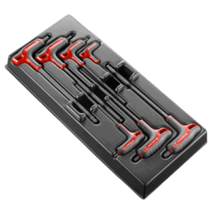 Set of 7 Facom spherical head hexagon keys with red handles in a black plastic case for versatile fastening tasks.