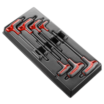 Set of 7 Facom spherical head hexagon keys with red handles in a black plastic case for versatile fastening tasks.