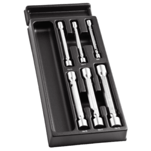 Facom 6 tubular box wrenches module MOD.97 set with six chrome-plated wrenches in a black plastic case for automotive and mechanical repairs.