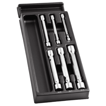 Facom 6 tubular box wrenches module MOD.97 set with six chrome-plated wrenches in a black plastic case for automotive and mechanical repairs.