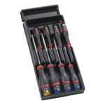 Set of precision screwdrivers with black handles and colour-coded tips in a black case for professional use.