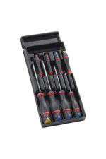 Set of precision screwdrivers with black handles and colour-coded tips in a black case for professional use.