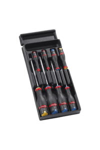 Set of precision screwdrivers with black handles and colour-coded tips in a black case for professional use.